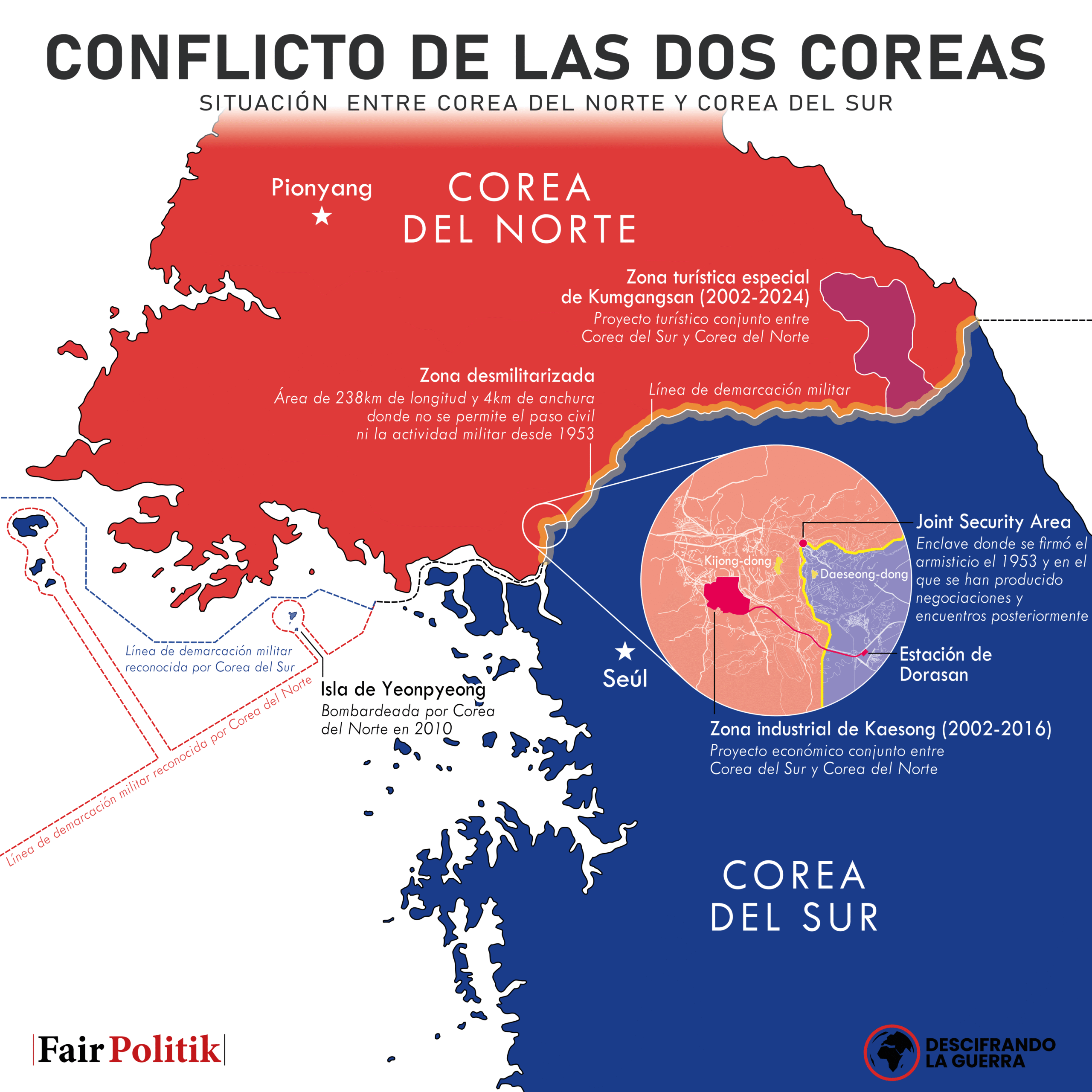Mapa del conflicto entre Corea del Norte y Corea del Sur.