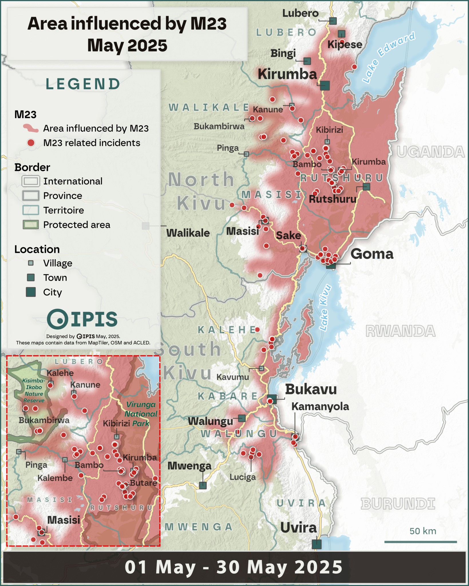 Extensión de los avances del M23 en las provincias orientales de República Democrática del Congo, los Kivus. 