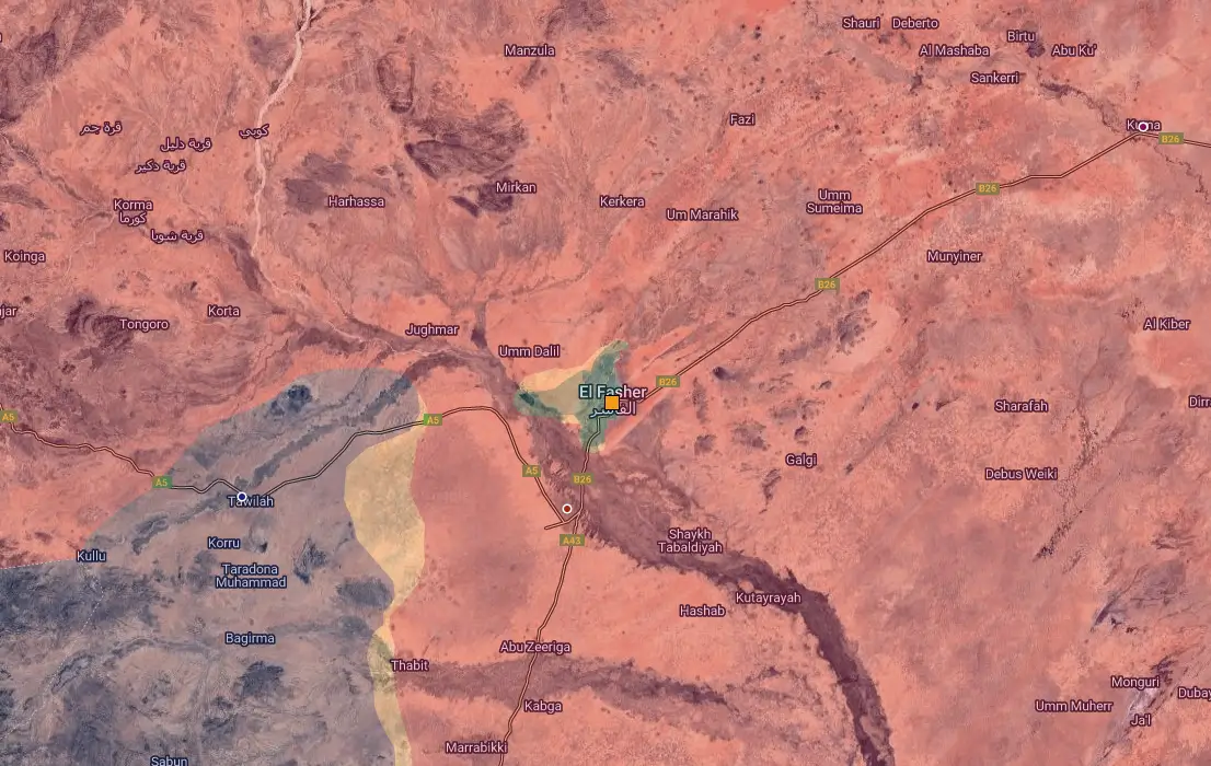 Situación de El Fasher, capital de Darfur del Norte, Sudán. El color verde representa el control territorial de las Fuerzas Armadas Sudanesas (SAF); el rojo, de las Fuerzas de Apoyo Rápido (RSF); y el azul, del Movimiento de Liberación del Pueblo de Sudán–Norte. 