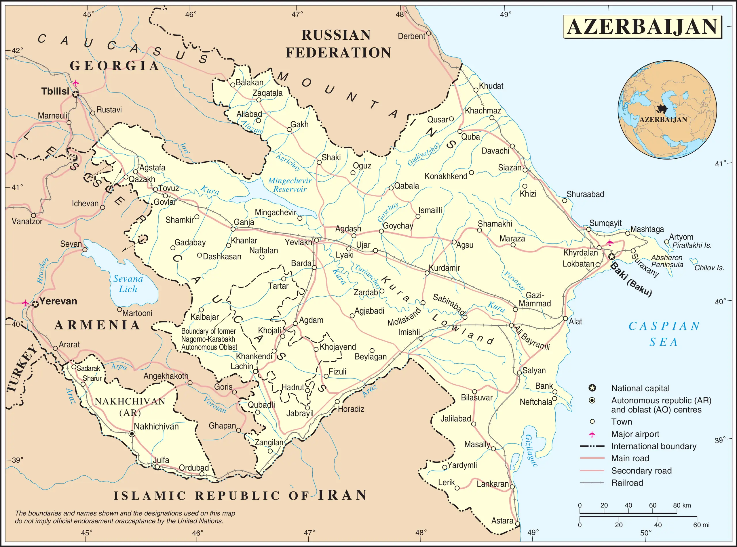 Mapa de Azerbaiyán y su enclave de Najicheván, limítrofe con Turquía.