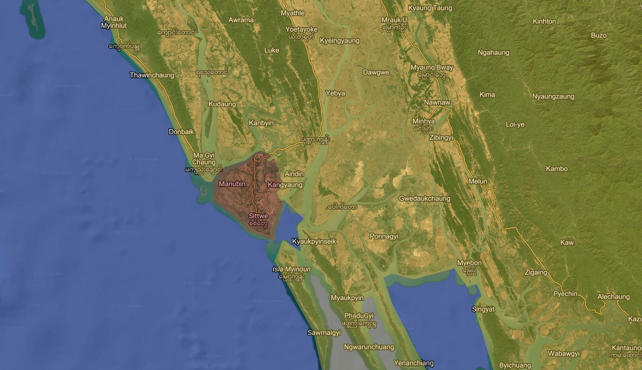 Situación en el frente de Rakhine: el Tatmadaw mantiene el control de Sittwe y sus alrededores, mientras que el Ejército de Arakan (AA) domina el territorio marcado en amarillo.