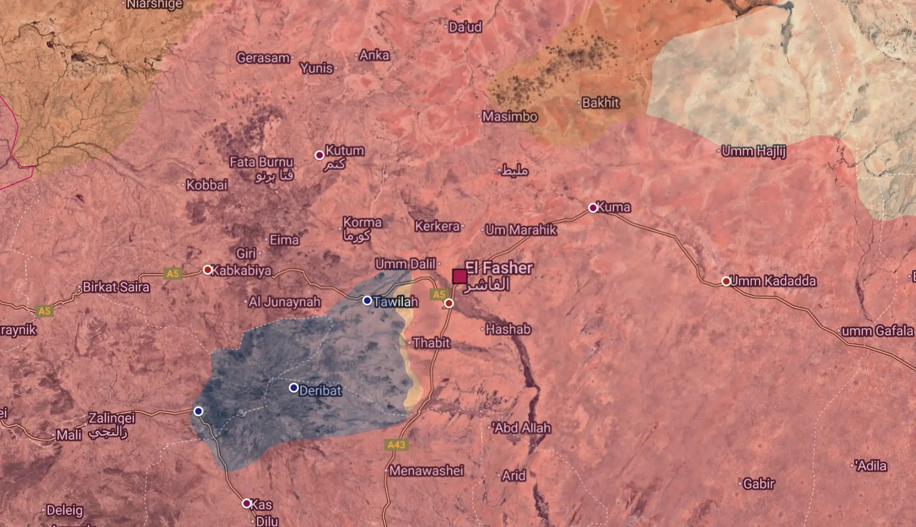 Situación de El Fasher y alrededores a día 10 de diciembre de 2025. En rojo, el control territorial de las Fuerzas de Apoyo Rápido (RSF). 