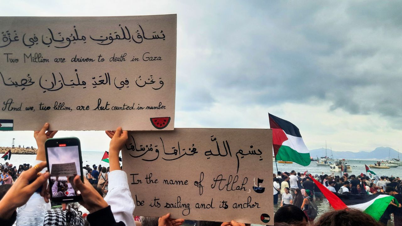 Manifestantes muestran apoyo a la Flotilla de Gaza en su paso por las costas de Túnez