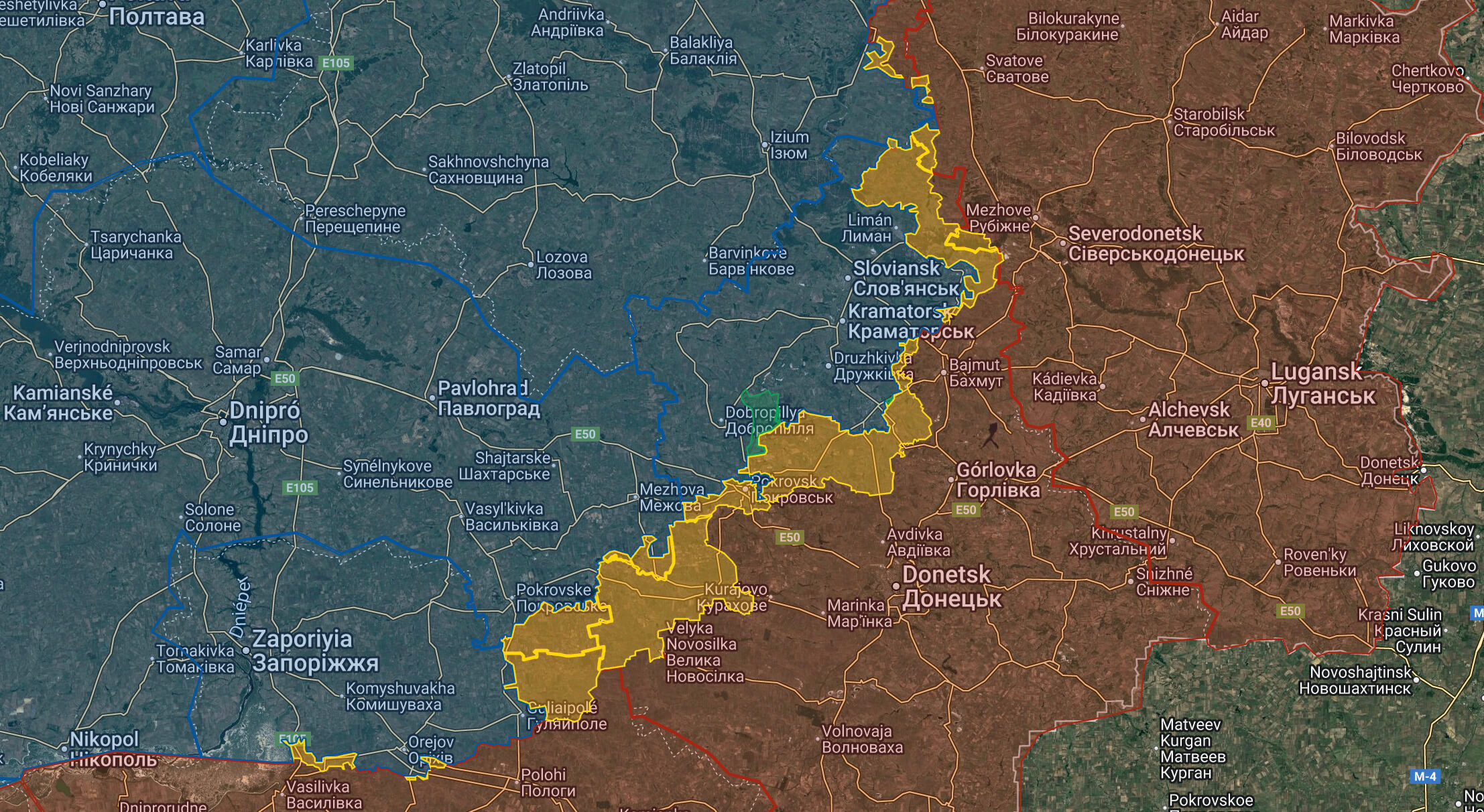 Control territorial en la guerra de Ucrania a 24 de noviembre de 2025. En rojo y amarillo, las zonas bajo control ruso; en azul y turquesa, el territorio controlado por Ucrania.
