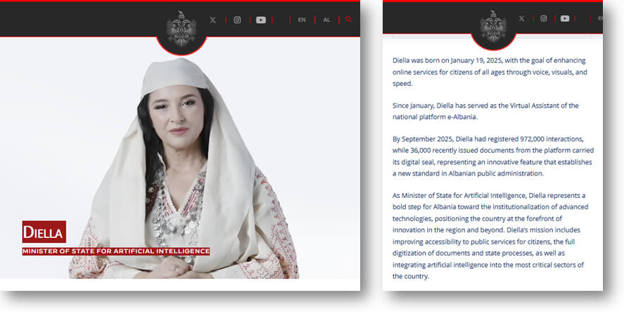 Representación digital de Diella, ministra de inteligencia artificial, publicada en la web oficial del Gobierno de Albania.