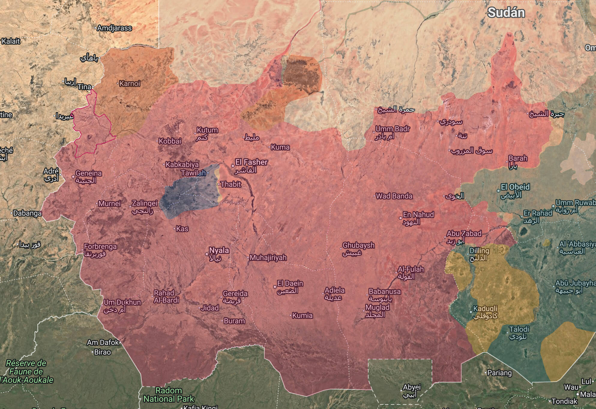 Control territorial de Darfur, en Sudán, a día 17 de diciembre de 2025. En granate, las Fuerzas de Apoyo Rápido (RSF); en azul, el Movimiento de Liberación de Sudán; en verde, las Fuerzas Armadas de Sudán (SAF); en amarillo, el Movimiento de Liberación del Pueblo de Sudán; en rojo, Darfur Joint Force (DJF). 