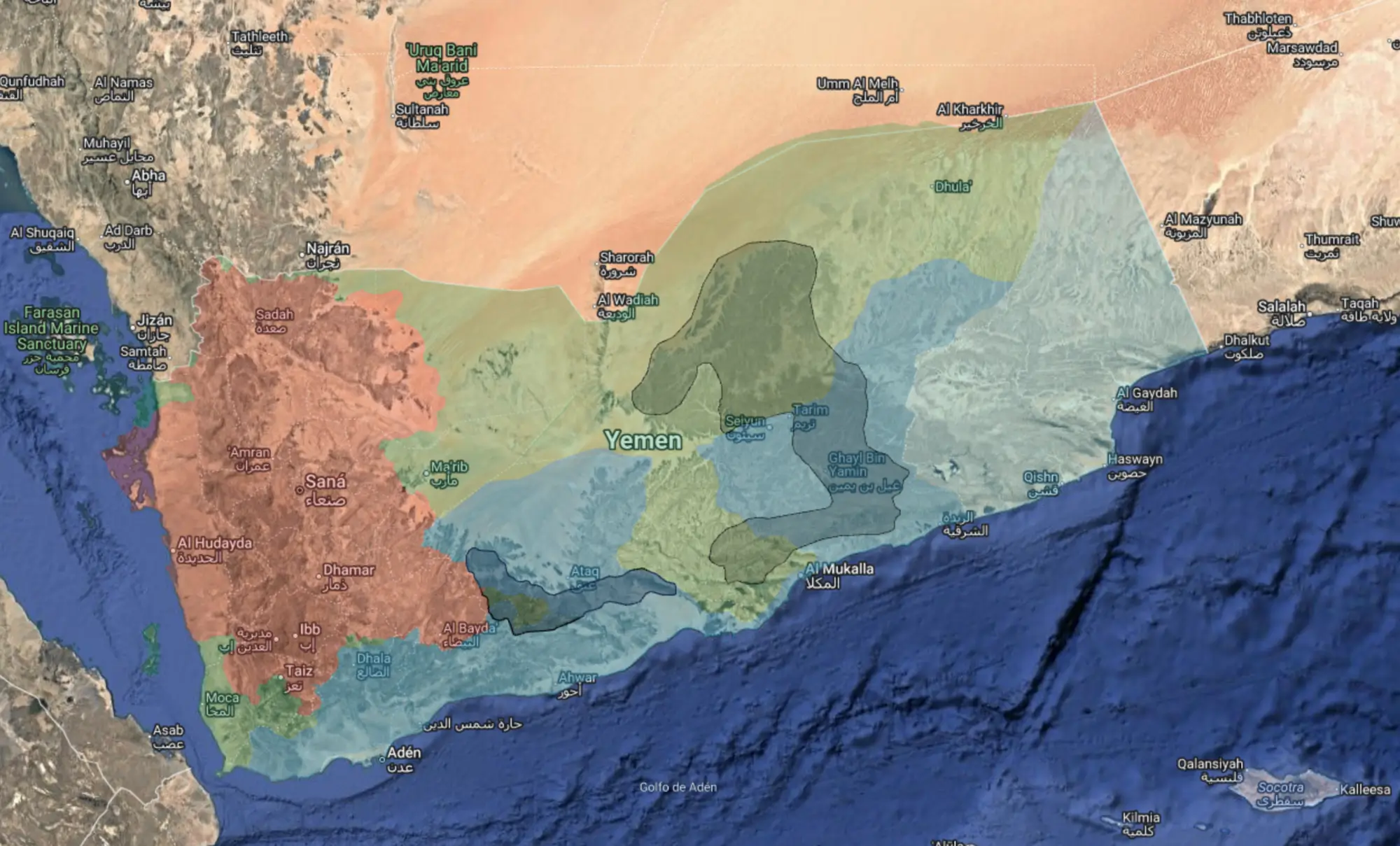Control territorial en Yemen a 3p de diciembre de 2025. En rojo, los hutíes; en azul, el Consejo de Transición del Sur (STC); en verde, el Gobierno reconocido internacionalmente y respaldado por Arabia Saudí; en negro, Al Qaeda en la Península Arábiga. 