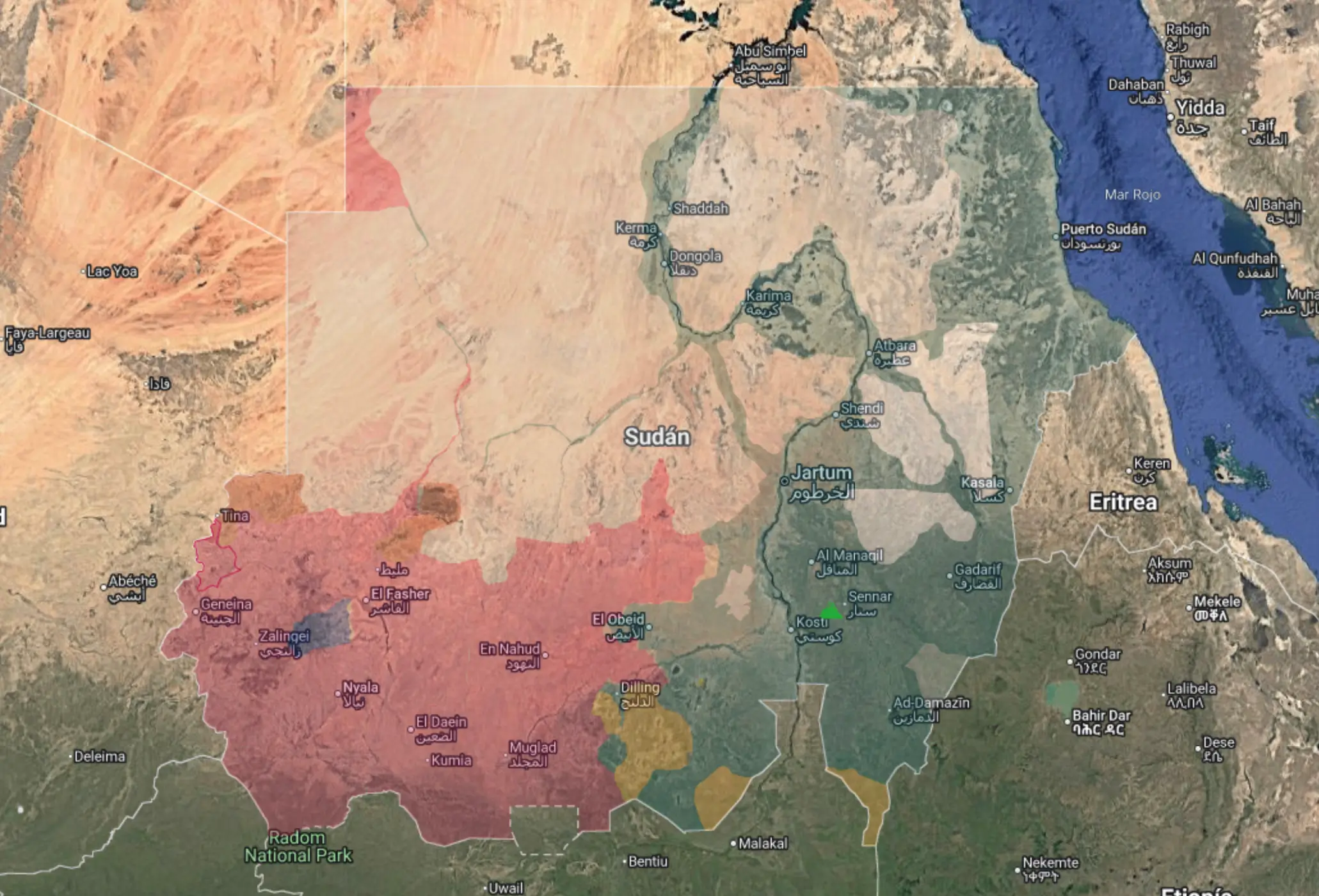 Situación territorial en Sudán a 15 de enero de 2026. El color verde representa el control de las Fuerzas Armadas Sudanesas (SAF); el rojo, de las Fuerzas de Apoyo Rápido (RSF); el azul, del Movimiento de Liberación de Sudán; y el amarillo, del Movimiento de Liberación del Pueblo de Sudán.