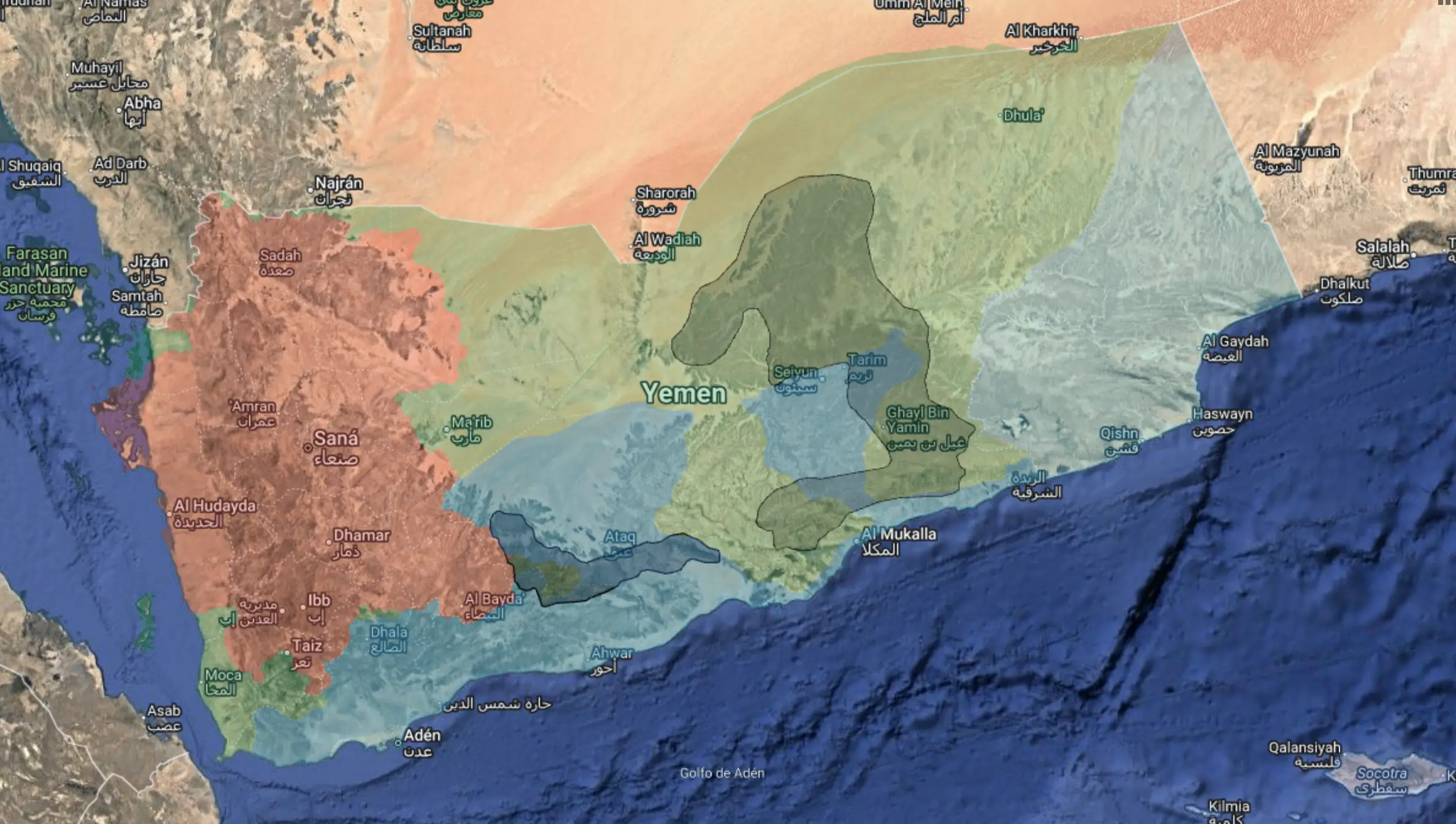 Control territorial en Yemen a 3 de enero de 2026. En rojo, los hutíes; en azul, el Consejo de Transición del Sur (STC); en verde, el Gobierno reconocido internacionalmente y respaldado por Arabia Saudí; en negro, Al Qaeda en la Península Arábiga. 
