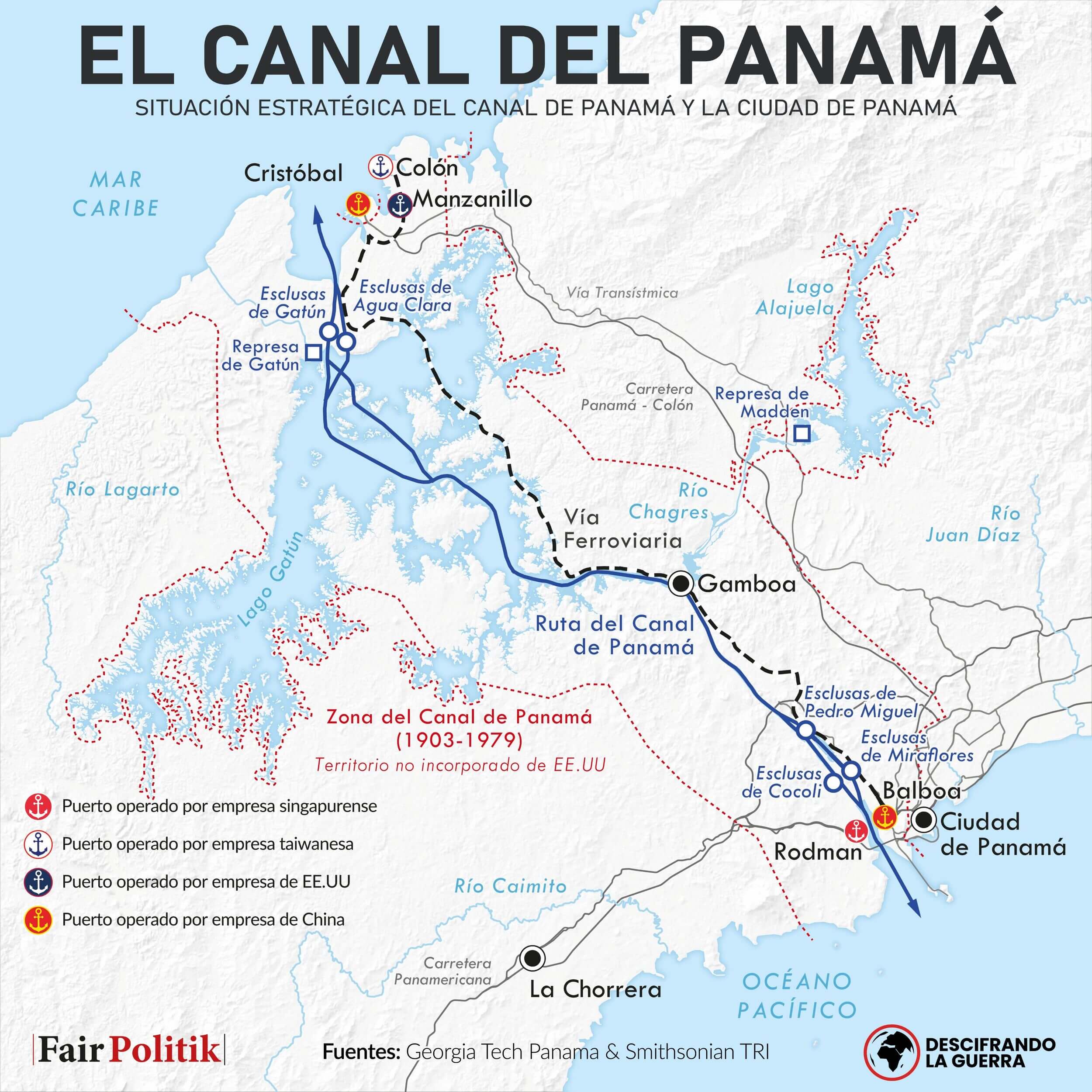 Mapa del Canal de Panamá y los puertos que hasta la fecha gestionaba CK Hutchison Holdings.