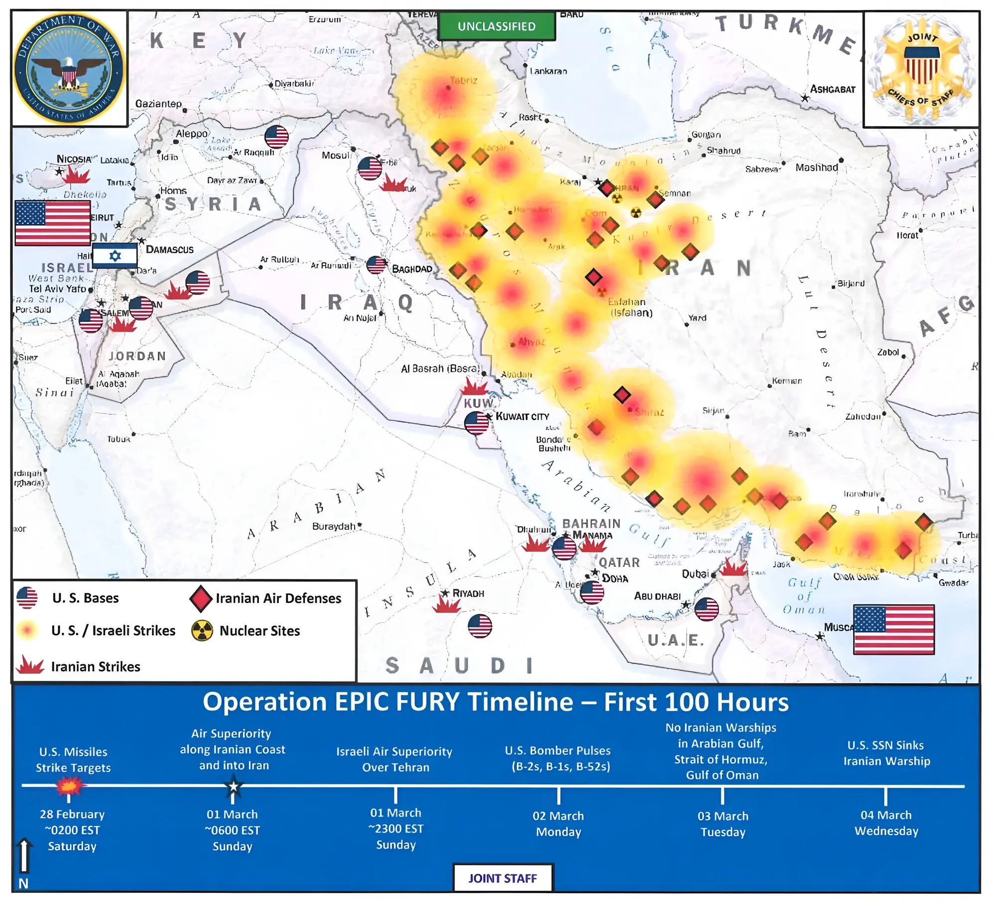 Mapa publicado por Estados Unidos de los ataques realizados en Irán en las primeras 100 horas de la Operación Furia Épica.
